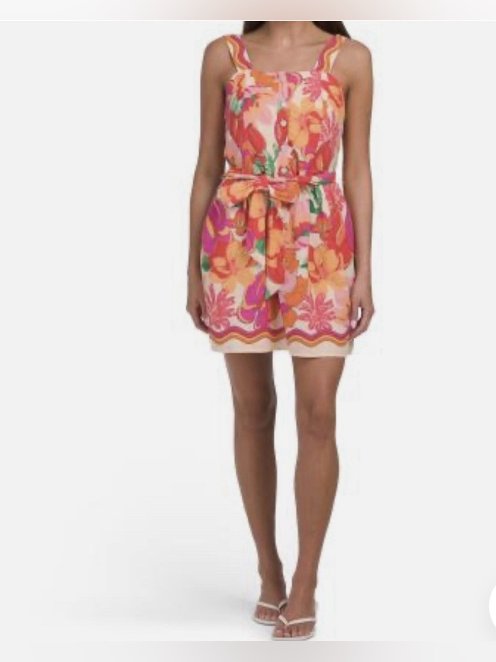 Calypso St. Barth Pink and Orange Floral Mini Dress with Waist Tie